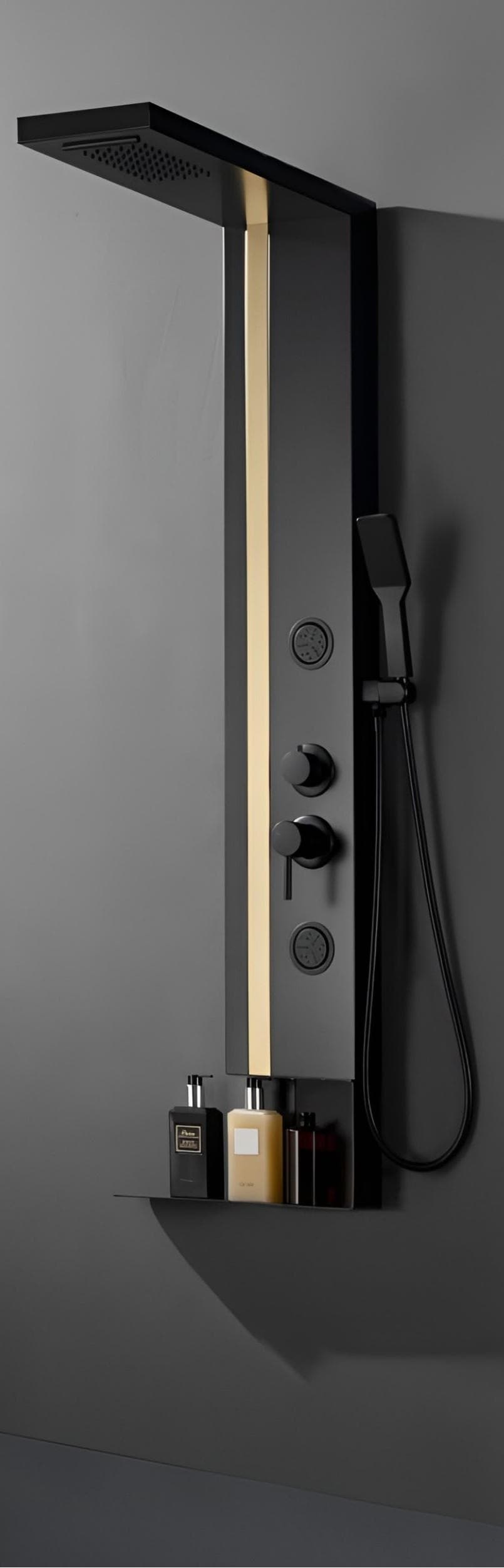 Shower Panel | Size: 1400x220mm | Finish: Black & Gold | Included: Overhead Shower, Hand Shower, Body Jets, Mixer Controls | Suitable replacement for Wall Mixer