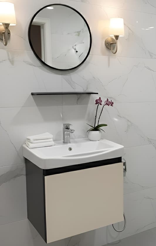 Designer Vanity Cabinet | Cabinet Size: (W)500x(D)360x(H)450mm | Finish: Biege Included: Mirror, Shelf, Wash Basin, Cabinet