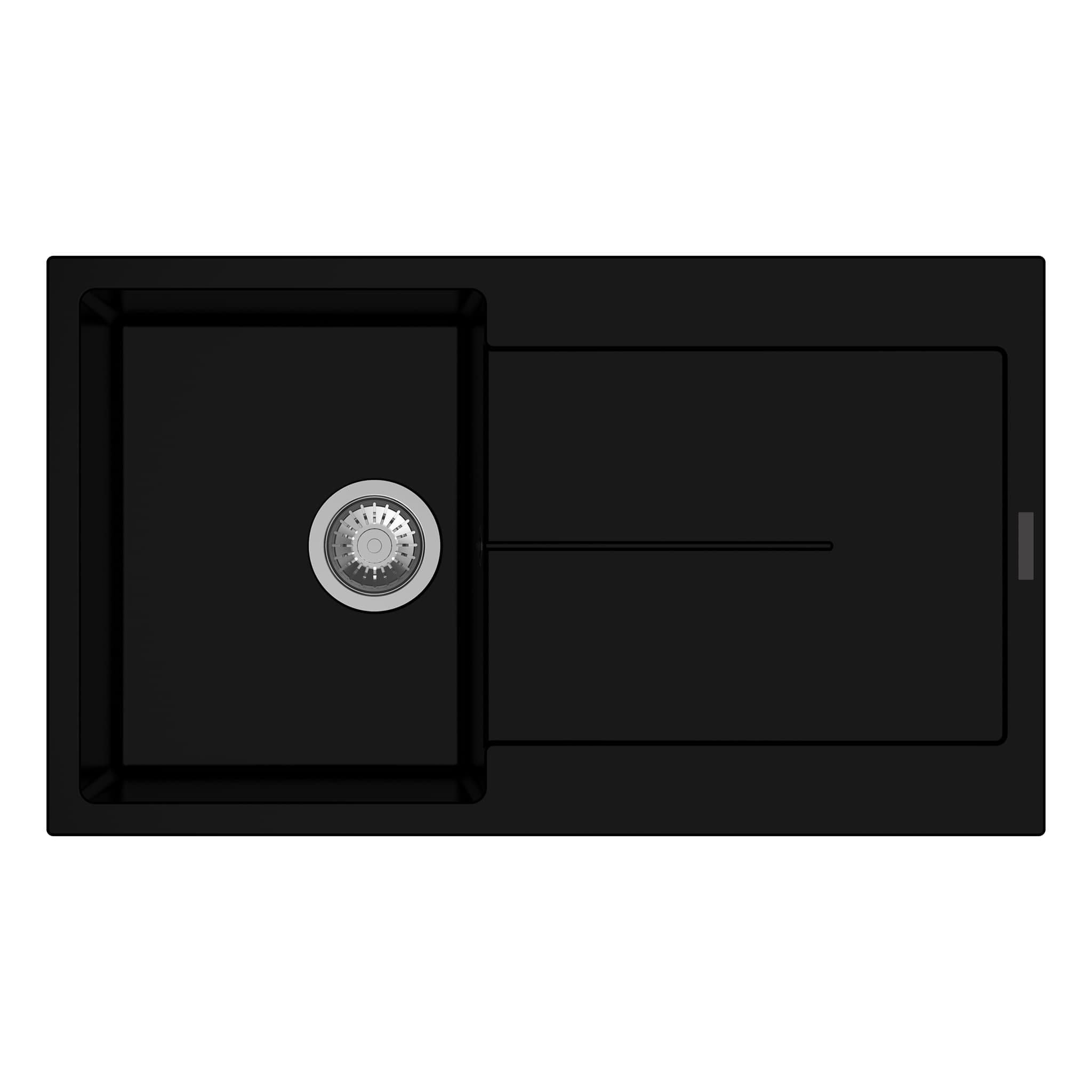 New Enigma with Drain Quartz Kitchen Sink 31" × 20" x 8" ( 790 x 500 x 200mm) | Deep Black Finish | Top Mount, Flush Mount & Under Mount Installation | Included Accessories: Plumbing Kit | Slab Cutting Size: 380 x 440mm