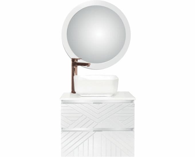 Rhive Wall Mounted Vanity Cabinet 580 x 480 x 480 mm | White Finish | HDHMR Material | Marble Top Platform 490mm x 600mm (S9510385WH) Included | Mirror With Frame 595mm Dia (B3510932) Included | Wash Basin & Tap Not Included