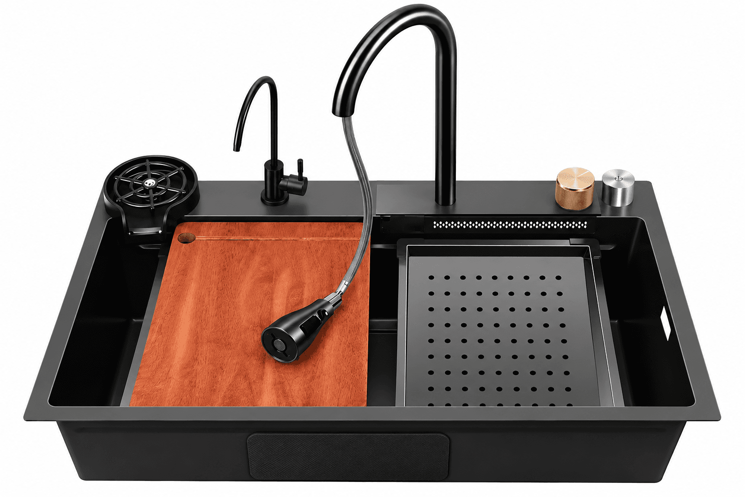 Eviere Workstation Black Handmade Kitchen Sink | Size: 30" x 18" x 9" (760mm x 460mm x 225mm) | Bowl Size: 710mm x 360mm x 220mm | Finish: Black | Included: Pull-Out Waterfall Faucet, Glass Rinser, RO Faucet, Soap Dispenser, Plumbing Kit, Chopping Board, Vegetable Colander Basket and Basket