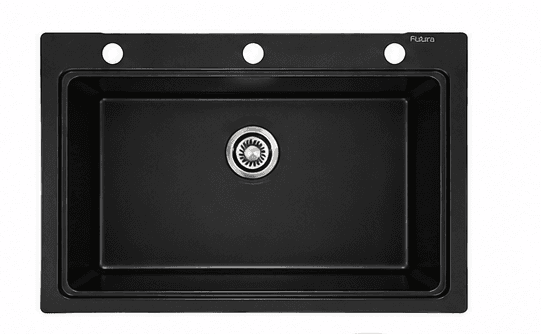 Quartz Single Bowl Kitchen Sink 24"x20"x8" (621x510x200mm) | Natural Quartz | Colour: Black | Topmount Installation | Included: Waste coupling | Slab Cutting Size: 565x485mm