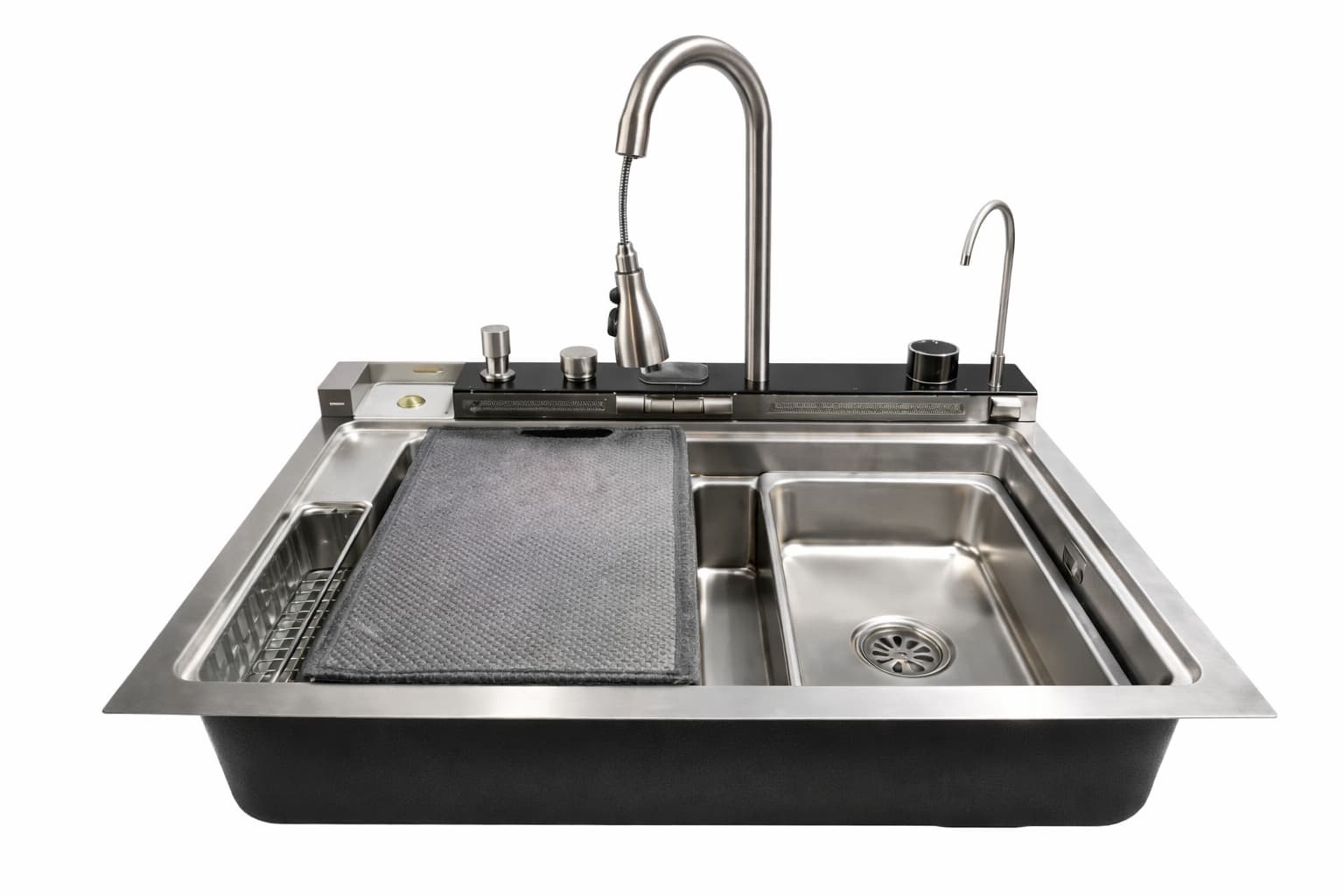 Kitchen Nano Button Sink | Dimension: 29.5"x17.7"x8.7"(750x450x220mm) | Finish: Satin-Decore | Includeds: Waste Coupling, SS Small Bowl, Cross Colander, Chopping Board, Glass Panel with Faucet and ACC | Slab Cutting Size: 710x355mm