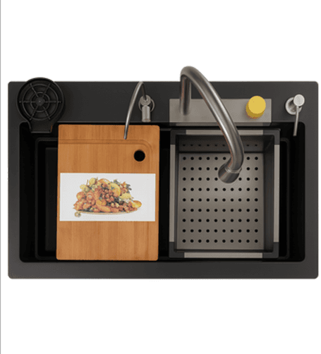 Kitchen Sink Quartz 30"x20"(750x500mm) | Colour: Black | Includeds: Waste Coupling, Drainer Kit, Pull out Faucet, Cross Colander, Chopping Board, R.O. Top, Glass Rinser, Soap Dispenser | Slab Cutting Size: 710x355mm