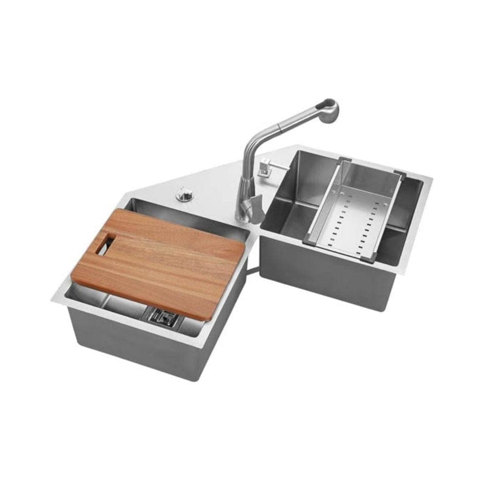 Futura Intelligent Sink | Material: 1.2MM SS 304 Stainless Steel | Finish: Brush | Product Size: 34"x34"x9"(860x860x225mm) | Includeds: Faucet, Soap Dispenser, Colander Basket, Chopping Board, Auto Drainer Kit & Overflow | Slab Cutting Size: 400x370mm
