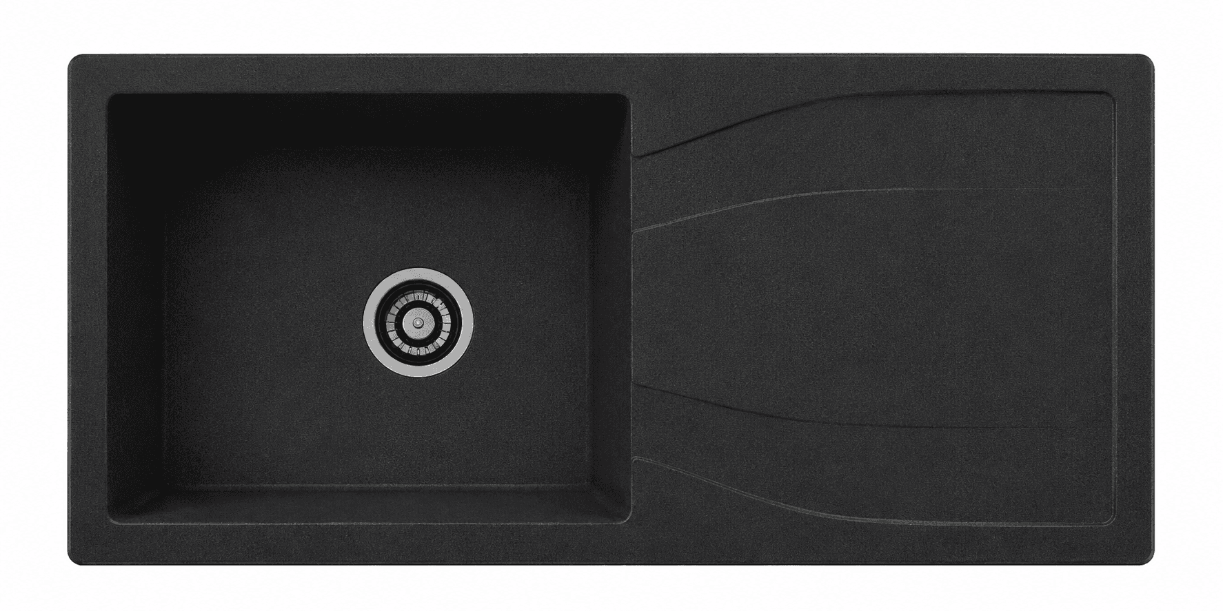 Quartz Single Bowl with Drain Board Kitchen Sink 34"x17"x8" (863x432x200mm) | Natural Quartz | Colour: Black | Topmount Installation | Included: Waste coupling | Slab Cutting Size: 406x382mm