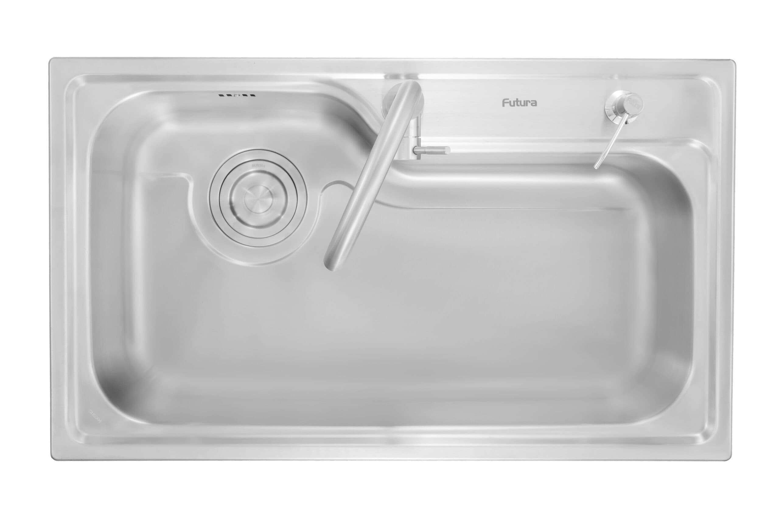Kitchen Sink Designer Series | Material: SS 304 | Size: 34"x20"x9"(850x500x230mm) | Finish: Satin | Includeds: Waste Coupling, Faucet, Soap Dispenser, Small Wire Basket, Chopping Board