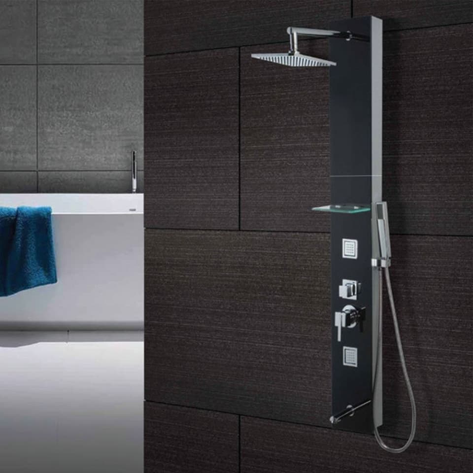 Infinity Shower Panel | Black Glass Finish | Size: 1500 x 200mm | Material: Black tempered glass body | Without Thermostat Mixer | Suitable in Place of Wall MIxer